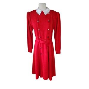 Ciao Ltd Vintage 80s Apple Red Belted Midi Dress Womens Size 10 Wool Office Wear